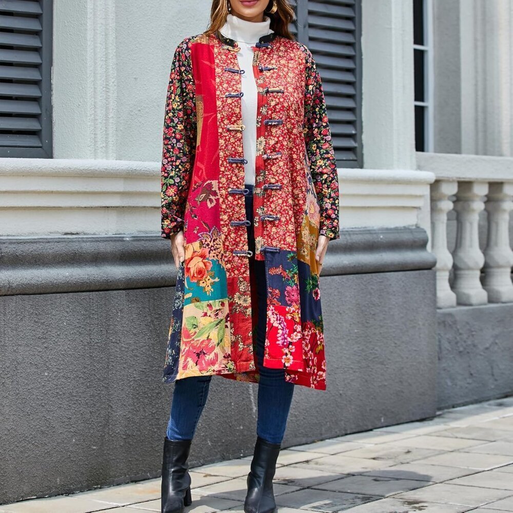 Floral Print Linen Cotton Jacket Bohemian Patchwork Outwear Women Large - Picture 2 of 8